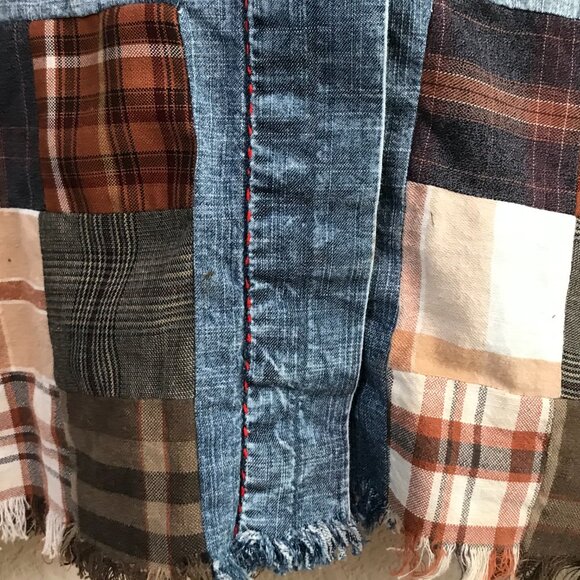 Sleeveless Patchwork Denim Shirt, Small: Upcycled Plaid Artsy Top with Fringe - Picture 9 of 10